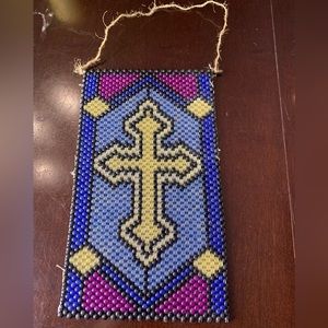 Vintage Handmade Beaded Cross Wall Decor Black Purple Blue
